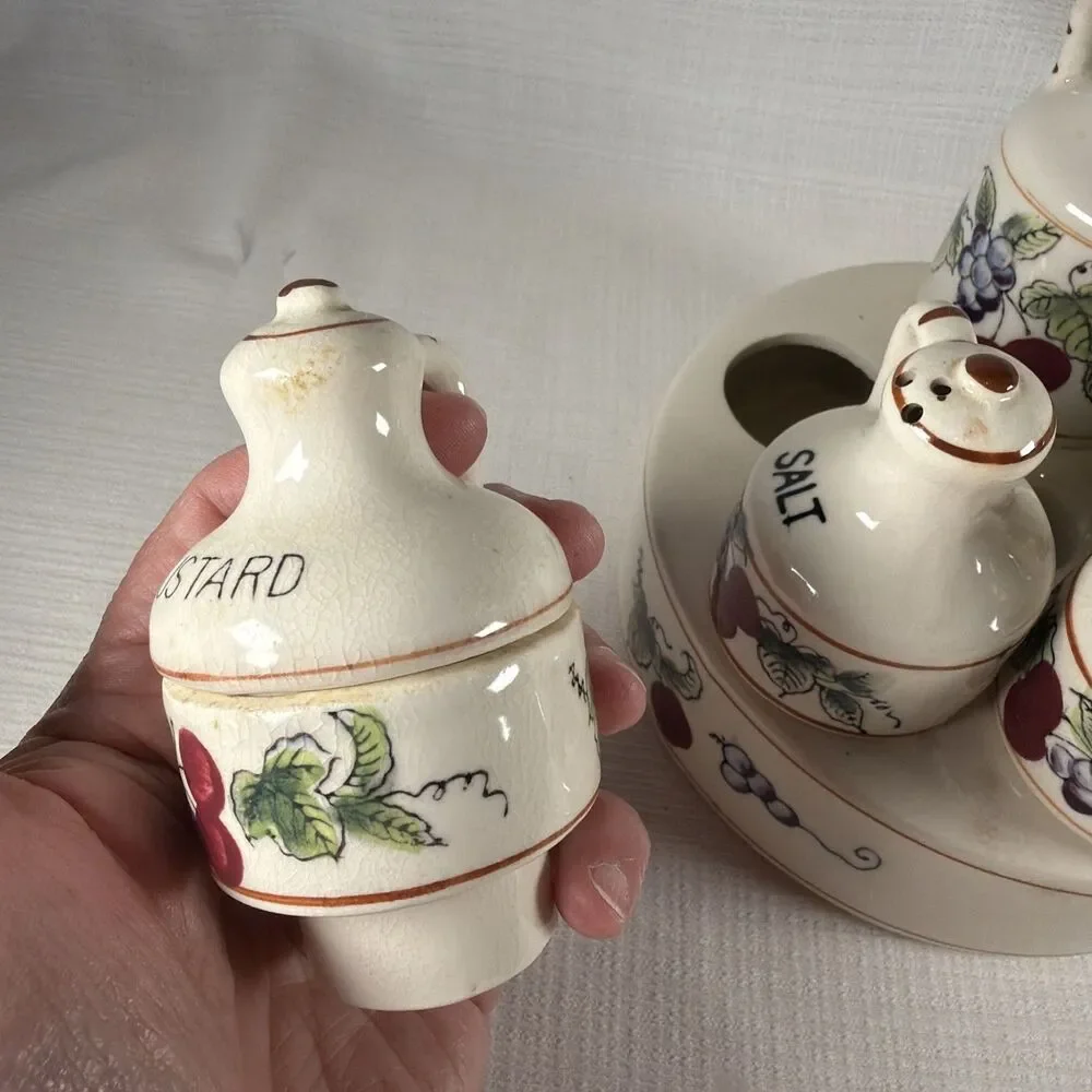 Vintage Nasco Del Coronado Condiment Caddy Set Fruit As Is Missing Tops No Spoon